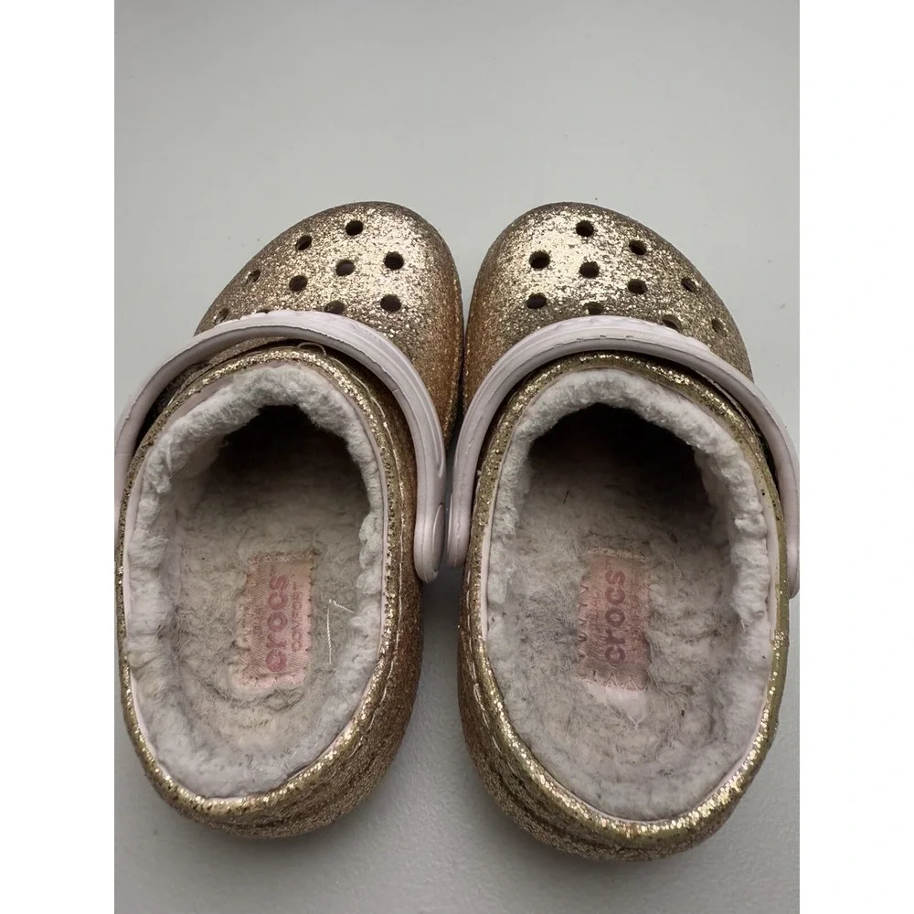 Kids Crocs Classic Glitter Lined Clogs Childrens Warm Fuzz Slippers Shoes‎ Sz C7